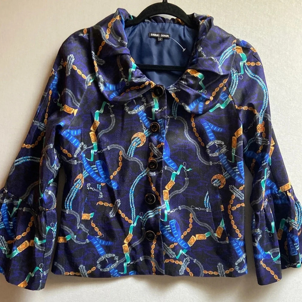 Samuel Dong Printed Flared Bell Sleeve Button Up Statement Blazer Size S